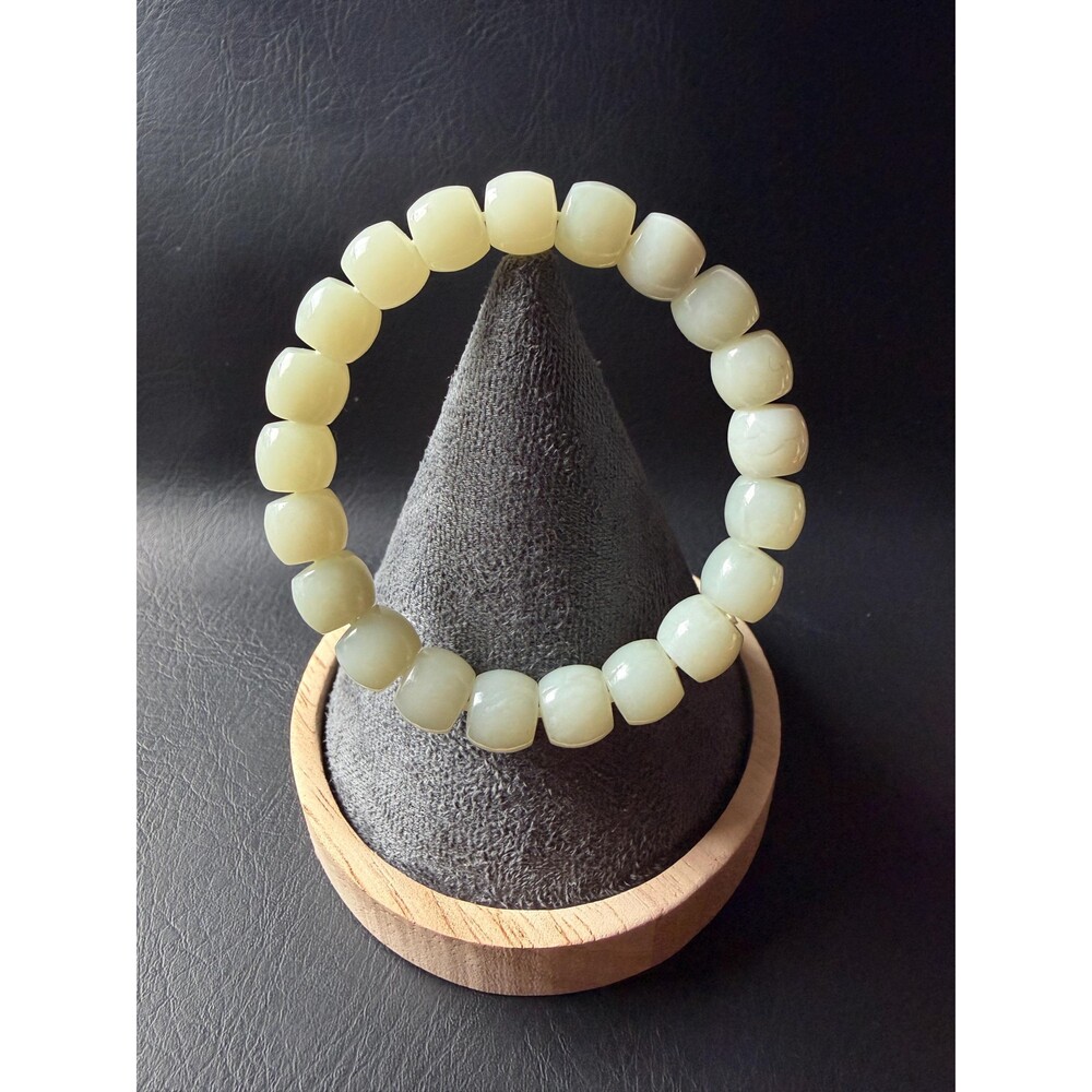 Natural White Jade Barrel Bead Bracelet Certified Jade Handmade Stretch 10x8mm
